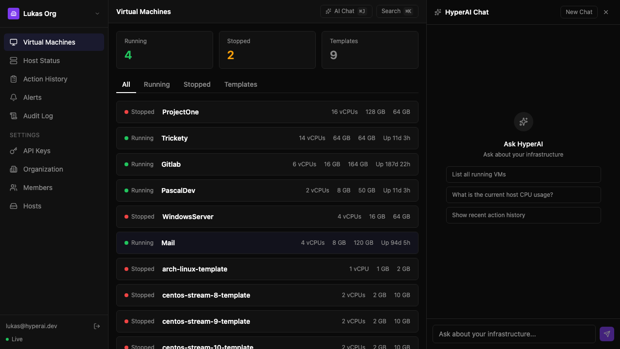 AI chat panel managing VMs with natural language